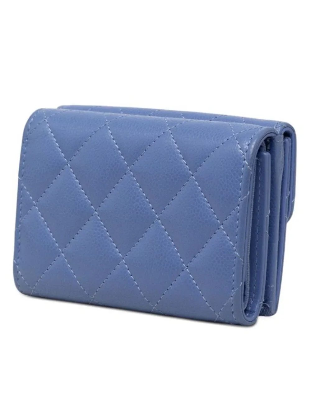 Chanel CC Logo Quilted Trifold Wallet Compact Blue Gold Caviar Leather